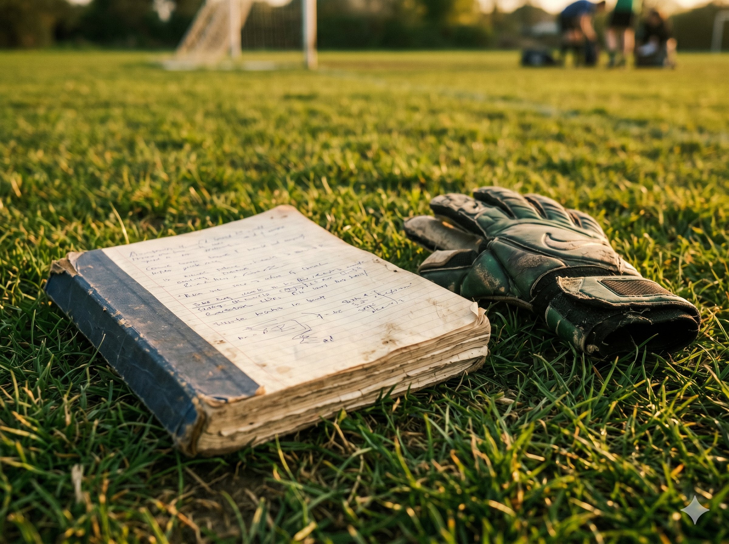 Old notebook and goalkeeper glove on the pitch