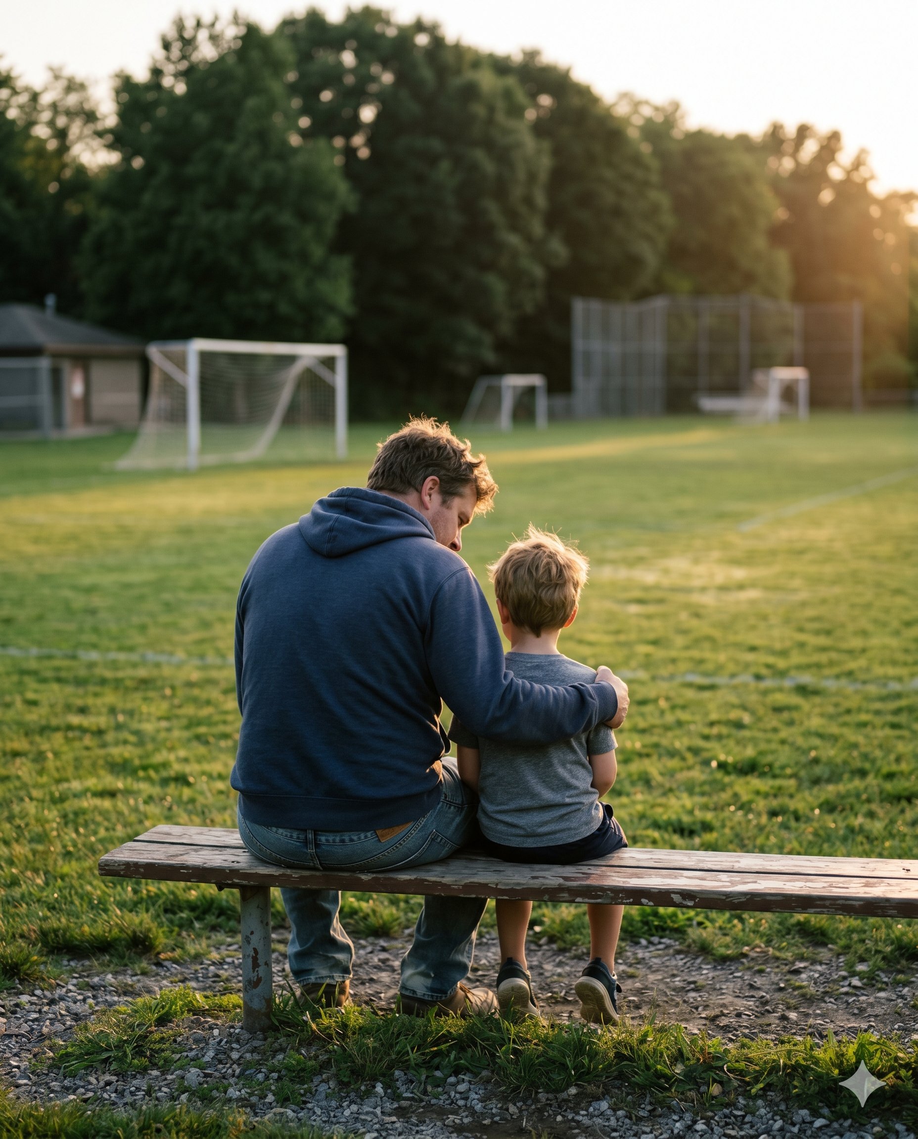 Father and son on bench at soccer field