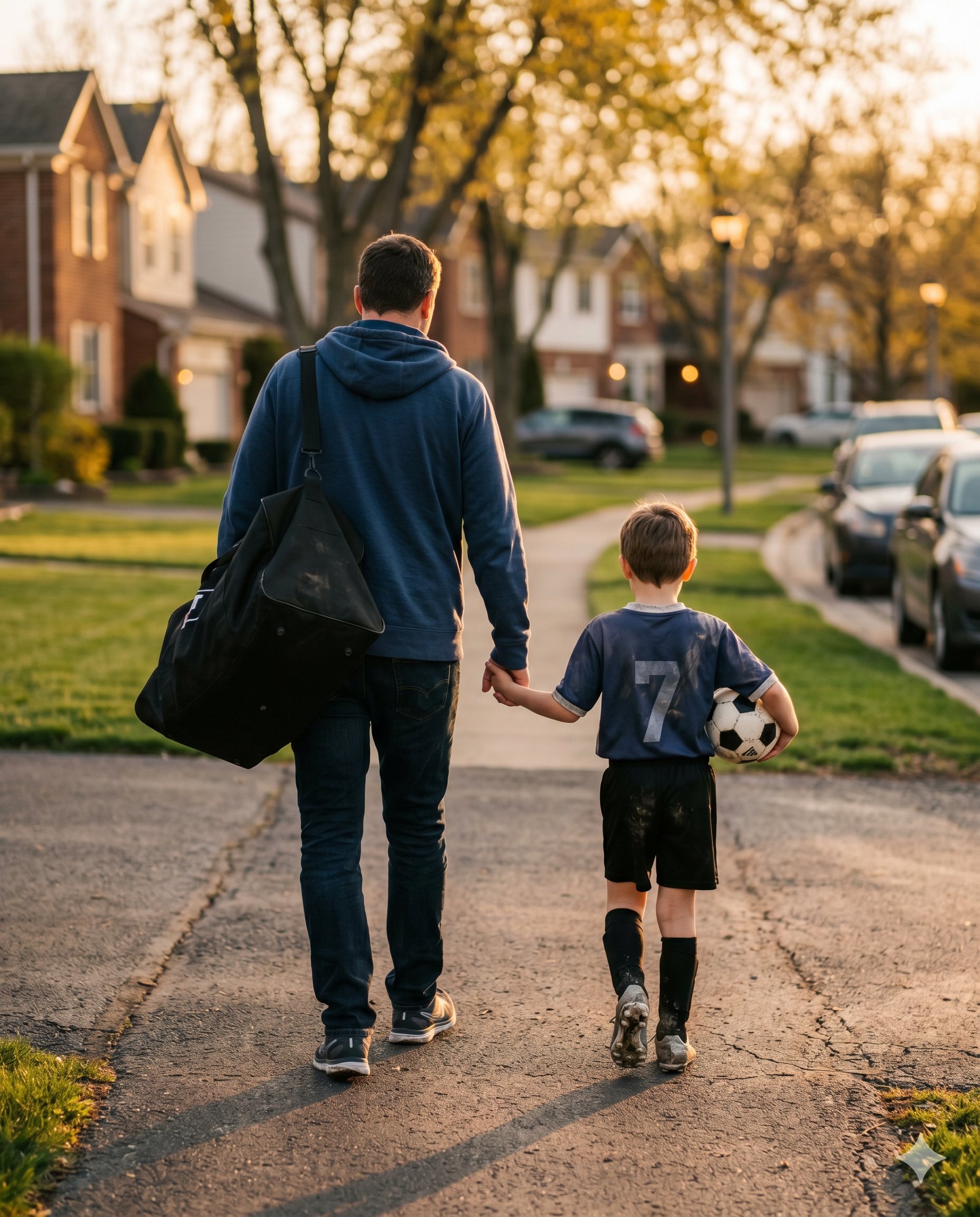Father and son walking home after practice