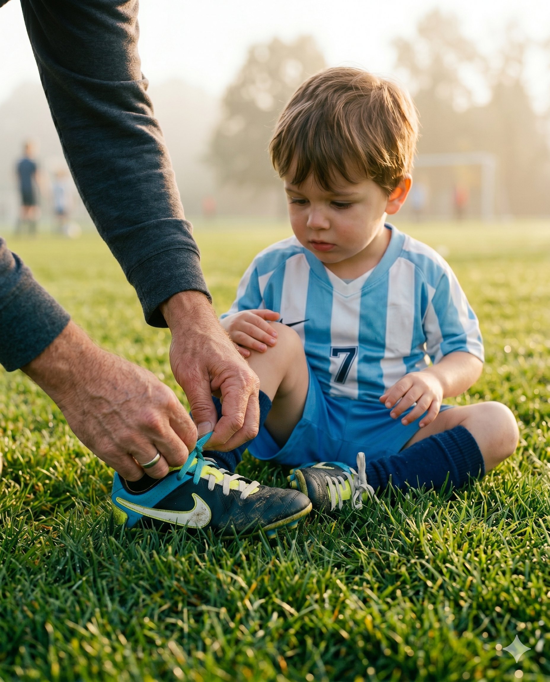 Parent tying child's soccer shoes